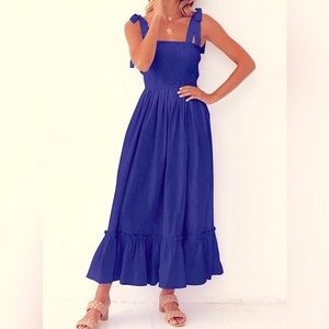 Navy Blue Tie Strap Square Neck Solid Color Long Maxi Dress